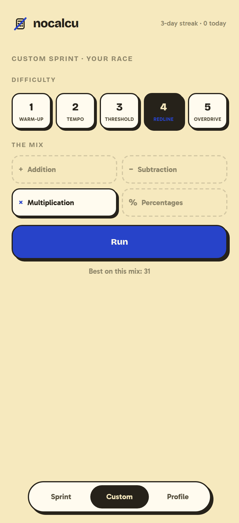 nocalcu custom race builder with difficulty levels and operation mixes