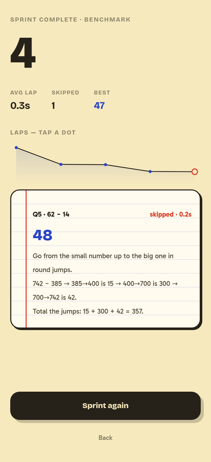 nocalcu showing a worked mental arithmetic method after a skipped lap